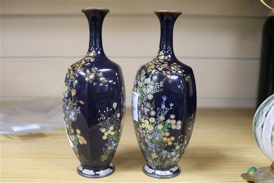 A pair of late 19th century Japanese cloisonne silver wirework vases, H.19cm